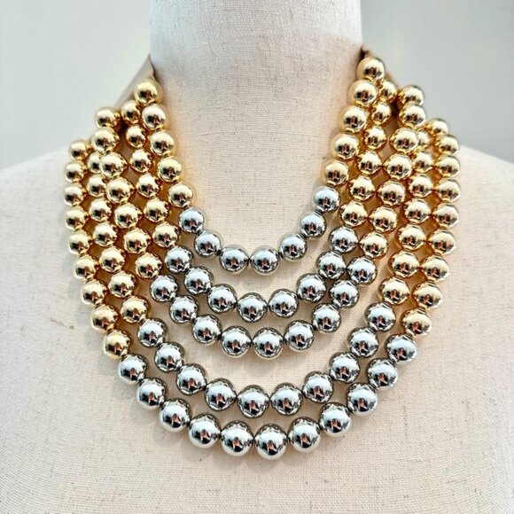 2-Tone Metallic NEW Stunning Shine Beaded 7-Strand Bib Gold Silver Necklace - Picture 4 of 10